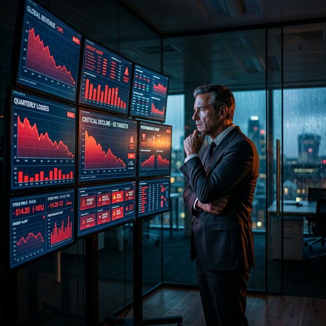 Executivo avaliando dashboards em declínio